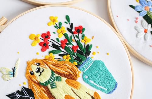 Image of Konrisa 3 pcs Dog Flower Embroidery Kits for Beginners, Needlepoint Cross Stitch Kits with Pattern, DIY Sewing Practice Kit, Include 1pcs Hoop
