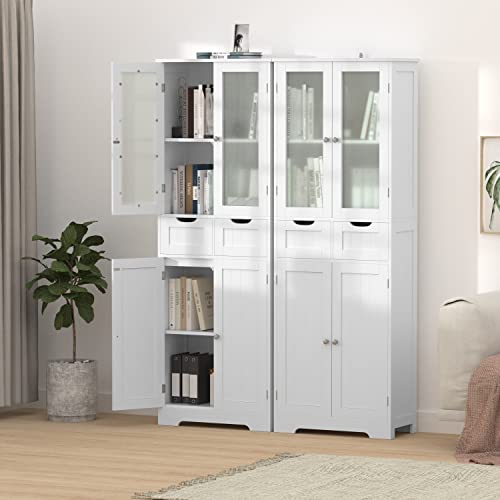 Betterhood 67" Tall Storage Cabinet, Freestanding Kitchen Pantry Cabinet With Glass Doors And Shelves, Large Linen Bathroom Cabinet With 2 Drawers For Living Room, Kitchen, Dining Room, Office,White #TOP6