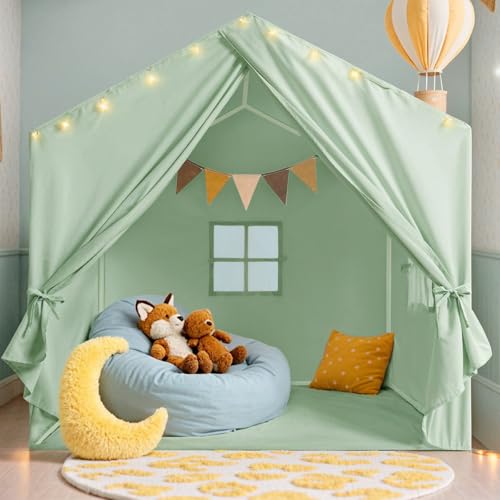 Kids Tent, Play Tent with Star Lights, Large Play Tents with 2 Windows, Kids Playhouse Indoor & Outdoor, Reading Nook, Christmas Toddler Tents for Girls & Boys, 52' x35' x 51', Green