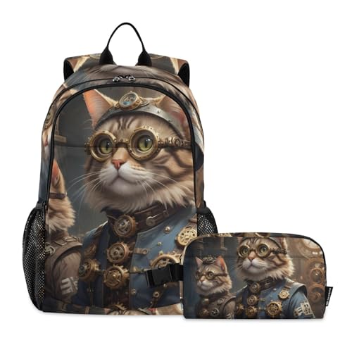Travel Backpack Lunch Bag Set for Hiking Picnic, Backpacks with Insulated Lunch Box Two Cats Glasses Print