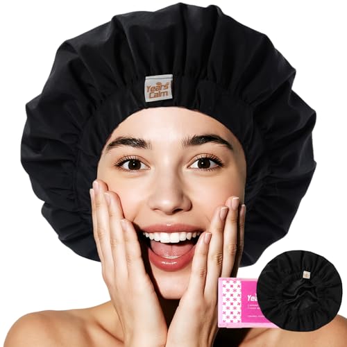 Years Calm Luxury Shower Cap for Women Color Changing Shower Cap Reusable Waterproof Flexi Satin Lined Stylish Hair Cap for Shower Washable Elastic Band Bath Cap for Long Hair Braids (Black)