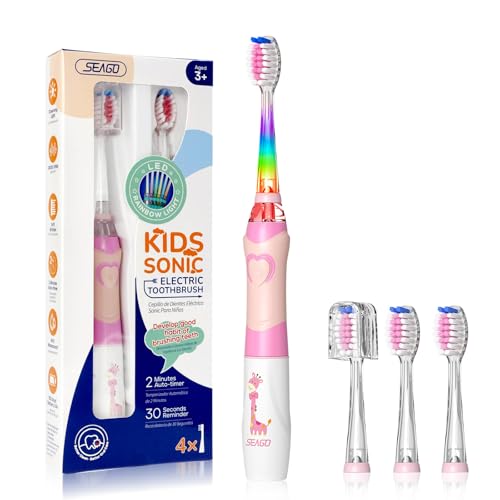 Sonic Electric - Childrens Toothbrush 4 Sonic Vibration Cleaning Modes Waterproof with 3 Replacement Brush Heads and LED Lights Suitable for Boys Girls Travel Camping