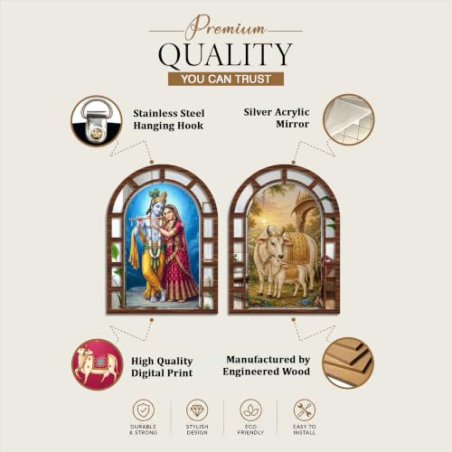Image of Artvibes Spiritual Radha Krishna Decorative Wall Hanging | Wall Jharokha Mirror Wall Decor for Living Room, Hall, Bedroom, Prayer Room, Lobby & Office | Gift (WHJ 12051N), Set of 2