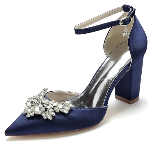 Minishion Womens Shoes for Evening Block High Heel Bridal Wedding Pumps with Rhinestone Bows BR134