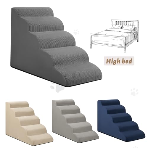 Image of Aodisman 5-Step Dog Stairs and Ramp for High Bed, Non-Slip Sturdy Pet Steps for Small Dogs and Cats,22.2 inch H,Grey
