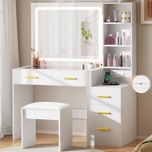 BEWISHOME Makeup Vanity Desk with Mirror and Lights,White Vanity Table with Glass Top,Makeup Desk...