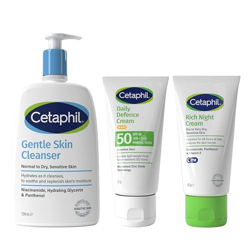 Cetaphil Gentle Skin Cleanser 236 ml Daily Defence SPF for Sensitive Skin, SPF 30 Moisturiser/SPF 50 Mineral Sunscreen Cetaphil Rich Night Cream 50g, Packaging May Vary option