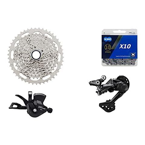 JGbike Compatible 10 speed MTB 4pc groupset for Shimano Deore M4100: Right Shift Lever,Long cage Rear Derailleur, 11-42T Cassette or Sunrace 11-46T Cassette, KMC X10 Chain Cover