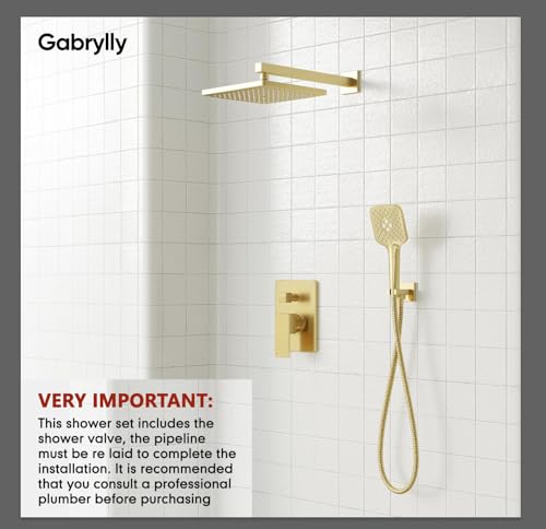 Image of Gabrylly Shower System Gold, Wall Mounted Shower Faucet Set for Bathroom with High Pressure 10 inch Rain Shower head and 3-Setting Handheld Shower Head Set, 2 Way Shower Valve Kit, Brushed Gold