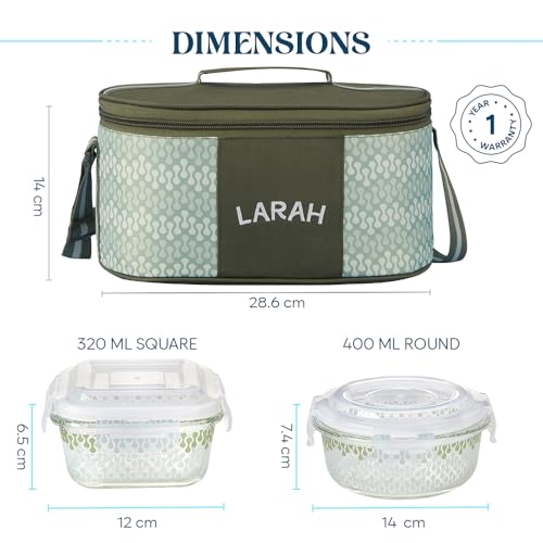 Image of Larah Glassware Gracia Green Borosilicate Glass Lunchbox with Bag | Microwave & Dishwasher Safe, Leakproof | Tiffin for Office, School, College (320ml x 2 + 400ml x 2)