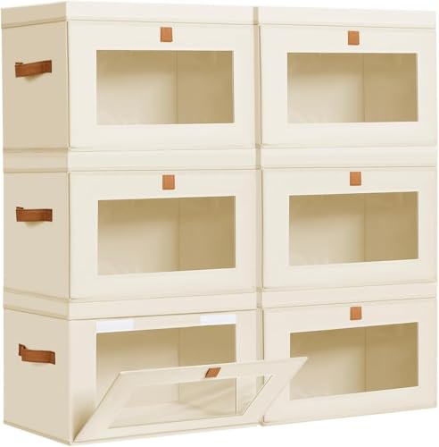 Image of DIMJ Storage Bins with Lids - 6 Pack Fabric Closet Organizer with Window & Handles, Collapsible Decorative Storage Boxes for Shelves Under Bed, Books Clothes Blankets Sweaters Organization