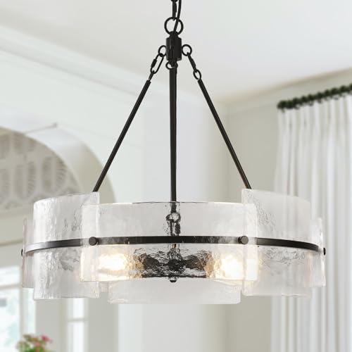 Black 22" Farmhouse Glass Chandelier - Modern Round Foyer Lighting Fixture for Dining Room, Kitchen Island, Bedroom, Living Room, Entryway
