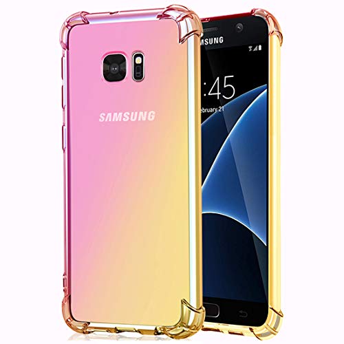 Ueokeird for Galaxy S7 Case, Clear Cute Gradient S7 Phone Case Slim Anti Scratch Flexible TPU Cover Reinforced Corners Shockproof Protective Case for Samsung Galaxy S7 Pink/Gold