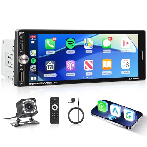 Single Din Car Stereo with Wireless CarPlay Android Auto Mirror Link, Driauto Car Radio Bluetooth Handsfree Headunit 6.9 Inch 1 Din IPS Touch Screen FM Type-C USB Charging EQ SWC with Reverse Camera