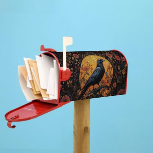 Image of Vintage Crow Magnetic Mailbox Cover Gothic Black Raven Boho Flowers Waterproof Mailbox Wrap Post Cover Large Size 25.5x21 Inch for Garden Yard Outdoor Outside Holiday Decor