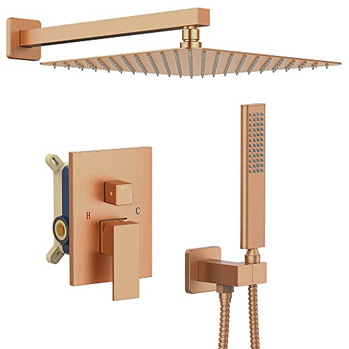 Image of Iriber Brushed Rose Gold Rain Shower System with 12 Inch Shower Head and Handheld Bathroom Wall Mounted Shower Set Contain Shower Faucet Mixer and Trim Kit (Valve Included)
