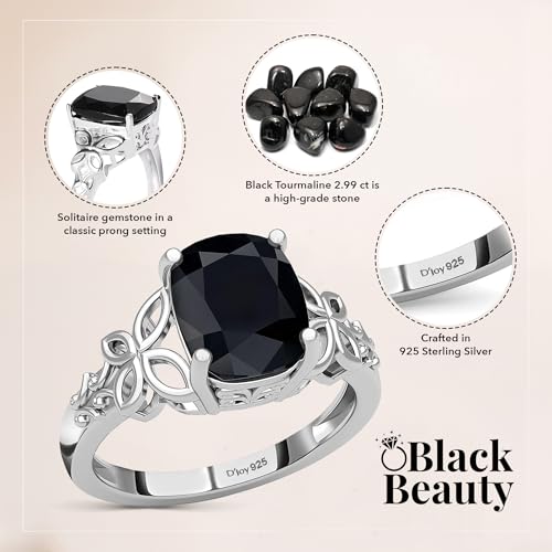 Black Tourmaline Ring in 925 Sterling Silver - October Birthstone Rings for Women - Engagement Promise Floral Statement Vintage Solitaire Tourmaline Jewelry Birthday Gifts for Womens4