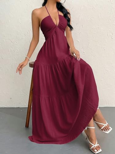 Image of Narecte Women's Maxi Summer Dresses Halter V Neck Beach Dresses for Women A-Line Casual Dress for Vacation