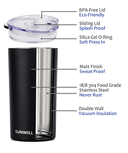 Sunwill 12Oz Tumbler With Lid, Insulated Coffee Travel Mug, Skinny Tumbler Lowball, Double Wall Stainless Steel Coffee Cup For Tea And Beverage, Black #TOP1