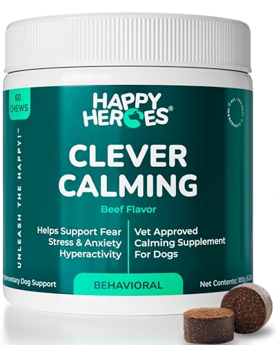 Happy Heroes - Clever Calming Chews for Dogs, 100% Natural Dog Supplement, For Anxiety Relief, Helps Stress, Fear, Hyperactivity, Reactivity, Beef Flavor Calming Dog Treats, Made in USA, 60 Soft Chews