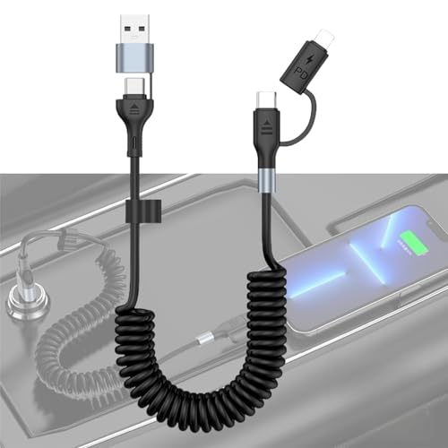 4 in 1 USB C and Lightning Cable,USB C and Lightning 2 in 1 Coiled Cable,Apple Car Play and Android Auto Coiled Multi Charging Cable,60W Fast Charging and Data Sync,Multi Charging Cable,Black