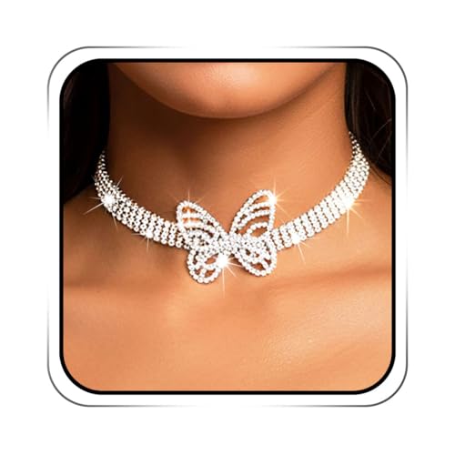 ACEDRE Rhinestone Butterfly Choker Necklace Silver Diamond Charm Bling Necklaces Jewelry for Women