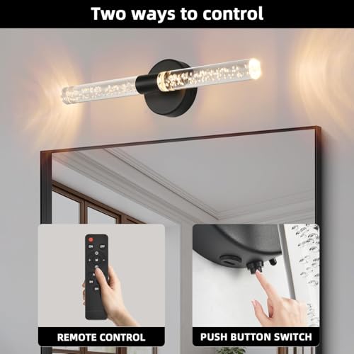 Image of Battery-Operated Wall Sconces Set of 2, Black 20'' Rechargeable Crystal Bubble Wall Sconce with Remote Control, 3000K-6000K Dimmable LED Wireless Wall Lights for Living Room Bedroom Hallway