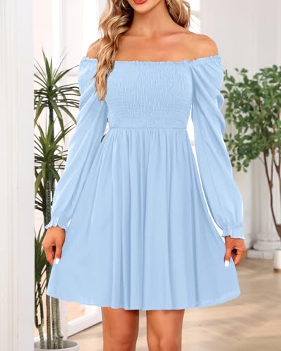 Image of Holipick Women's Casual Square Neck Smocked Dress Shirred Ruffle Puff Sleeve High Waist Cute Flowy A-Line Short Dress