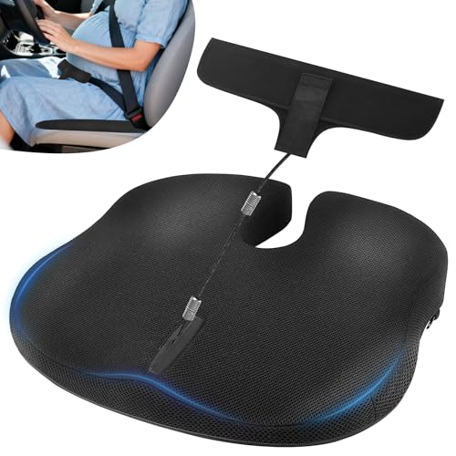 Car Seat Cushion for Pregnant Drivers and Passengers, NHTSA Recommended Prevent The Abdomen from Stress with Strap Adjuster, Memory Foam Seat Cushion for Tailbone Pain Relief, Sciatica & Back Support