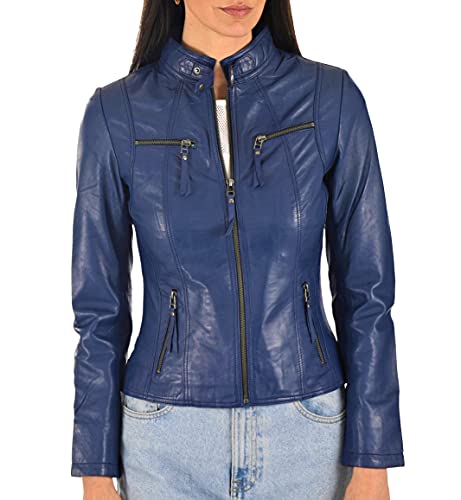 Leather Farm Women's Lambskin Leather Bomber Biker Jacket (Medium, Blue) #TOP1
