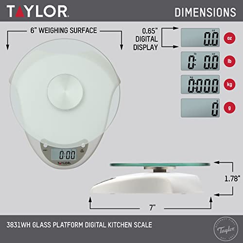 Taylor Precision Products Digital Kitchen Scale With Glass Platform, Tare Button, And Plastic Body Weighs Up To 6.6 Pounds Capacity #TOP1