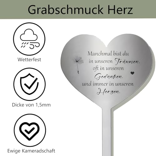 shockassist Grabschmuck Wetterfest, Grabstecker Edelstahl Herz, Grabdekoration mit Spruch du Manchmal Bist du in Unseren Träumen, Oft in Unseren Gedanken und Immer in Unseren Herzen -für Gärten Höfe