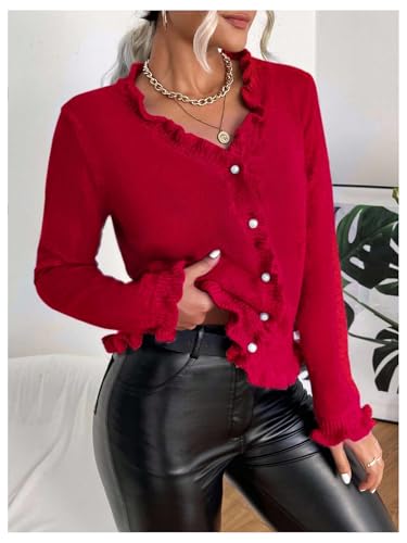 Image of Verdusa Women's Ruffle Trim V Neck Button Down Long Sleeve Knit Cardigan Sweater