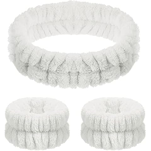 3 Pcs Spa Headband Wrist Washband Set Soft Spa Facial Makeup Headbands Elastic Wrist Sweatband Fluffy Headband Facial Headband Washing Band for Women Girls Makeup Bath (White) Cover