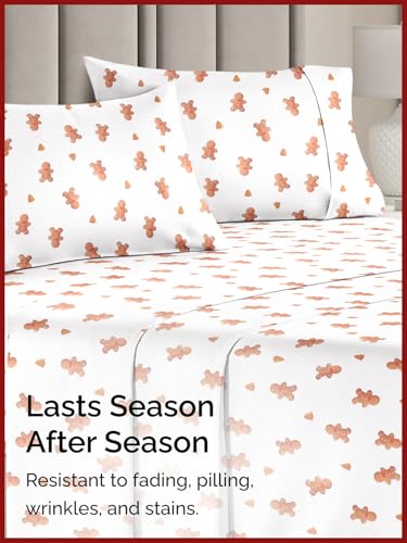 Full Gingerbread Man Sheet Set - Holiday Xmas Pattern Bedding Set - Deep Pockets - Snug Fit - 4PC - Wrinkle Free & Easy Care - Comfy Festive Winter - Holiday Sheets for Women, Men, Kids & Teens