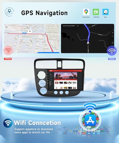 Image of podofo 8 Core 4G+64G Car Radio for Honda Civic 2001 2002 2003 2004 2005, Wireless Apple Carplay Android Auto Car Stereo, 9 inch IPS Touchscreen with WiFi, GPS, Bluetooth,FM /RDS, 32EQ DSP, Rear Camera