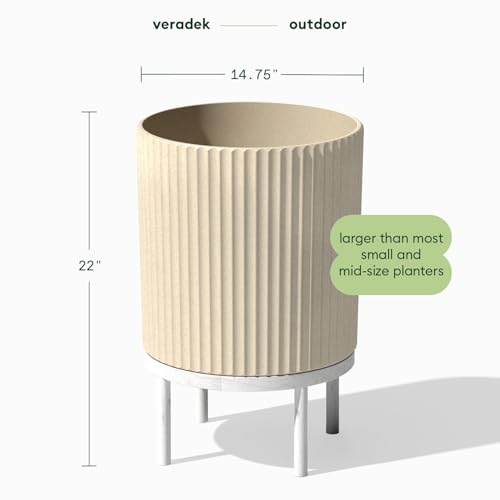 Image of Veradek Demi Series Raised Planter - Round Planter with Stand | Made From a Durable Plastic-Stone Composite & Comes With Wooden Stand. Modern Porch /Patio Decor