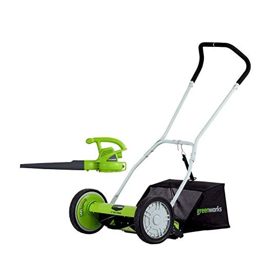 Greenworks 16-Inch Reel Lawn Mower with Grass Catcher + 7 AMP Blower 1303802AZ