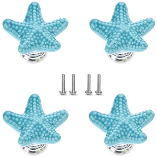 Starfish Drawer Knobs Coastal Kitchen Cabinet Knobs Beach Themeb Knob Ceramic Dresser Pulls and Handles for Dresser Cupboard Wardrobe Cabinet Handle (Blue)