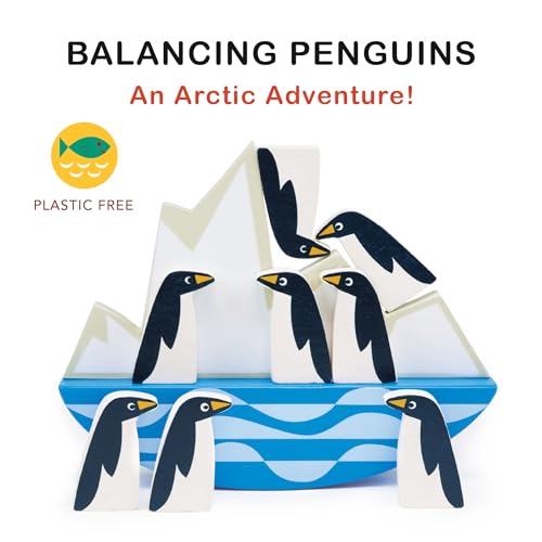 Image of Mentari Wooden Balancing Toy with 8 Penguins on Rocking Iceberg, 7.68-inch Length, Imaginative Play