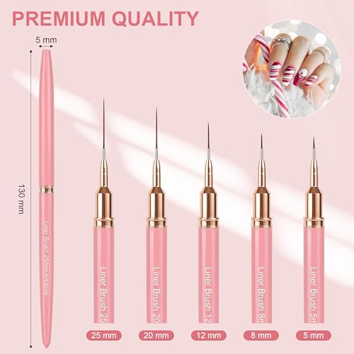 Image of Artdone Metallic Nail Art Pens, Liner Brushes Set, 5PCS Pink Nail Tools | For Long Lines, Thin Details, Fine Drawing, Liner Brush UV Gel Polish Painting Nail Design Sizes 5 /8 /12 /20 /25mm
