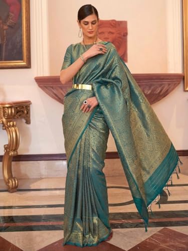 Image of MADHUHANSH Women's Cotton Silk Saree with Unstitched Blouse Piece Zari Weave and Floral Pattern | Heavy Embroidery Saree for Women | Interview Saree for Women | Readymade Blouse with Saree Set
