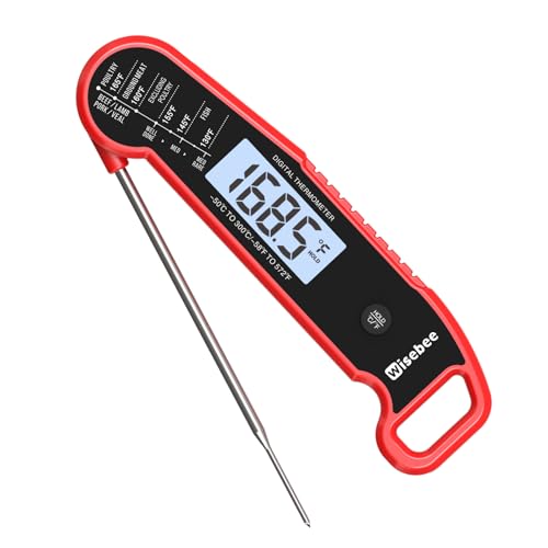 Wisebee Instant Read Meat Thermometer Digital, Waterproof Food Thermometer with 180°Auto-Rotate Backlit Display | Anti-Slip Handle | Magnetic Back | Hold Function for Cooking/Baking/Liquids, Red