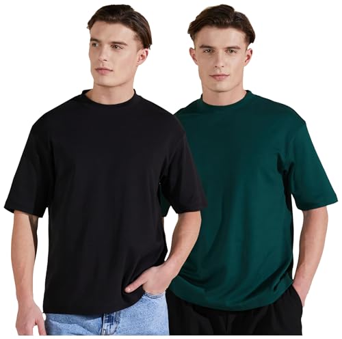 Image of Amazon Brand - Symbol Men's Fit Cotton Solid Oversized Round Neck T-Shirt (Coal Black + Forest Green L) (Combo Pack of 2)