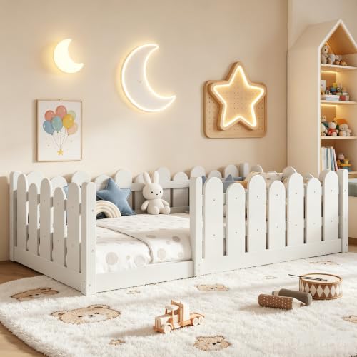 Image of Bellemave Twin Size Kids Montessori Floor Bed,Floor Bed Frame with Rounded Safety Guardrail,Solid Wood Montessori Bed for Girls Boys,White