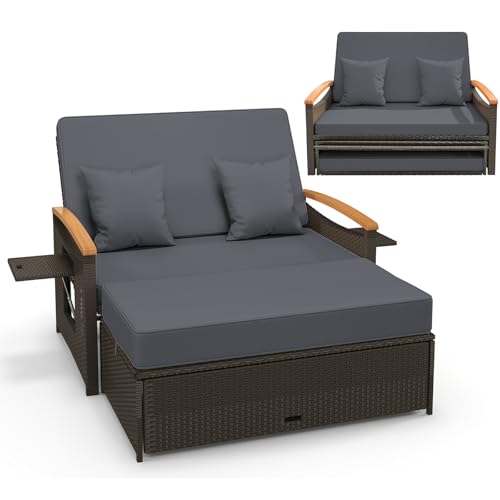 COSTWAY Garden Rattan Daybed, Patio Double Chaise Lounger Sun Bed with 4-Level Adjustable Back, Storage Ottoman, Cushions, Pillows & Side Trays, Outdoor Loveseat Sofa Conversation Furniture (Grey)