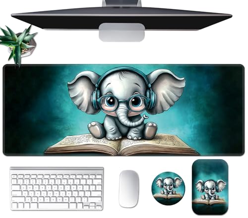 Large Mouse Pad Set, Desk Mat + Elbow Rest Pad + Coaster, Easy Typing Pain Relief, Ergonomic Arm Rest Pad with Memory Foam, Extended Desk Pad Anti-Slip Rubber Base for Office Home, Elephant