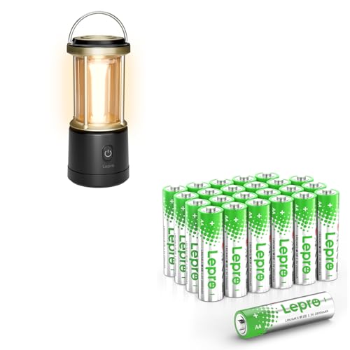 Lepro Bundle – 2 Items：1100lm Retro Camping Lantern Battery Powered & 24-Pack 1.5V Alkaline AA Batteries