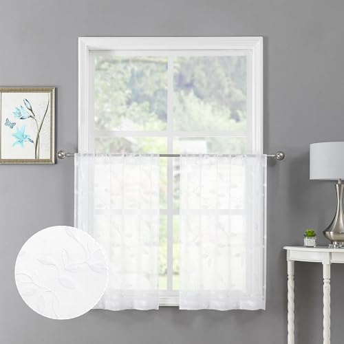 Tollpiz White Leaf Sheer Tier Curtain Leaves Embroidered Kitchen Curtains Rod Pocket Voile Bathroom...