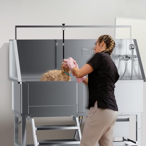 Image of 46 inch Dog Washing Station, Professional Stainless Steel Dog Bathtub w /Ramp & Storage Drawer, Adjustable Grate, Non-Slip Design, Perfect for Home Grooming & Large Dogs (46 inch Left Stair)